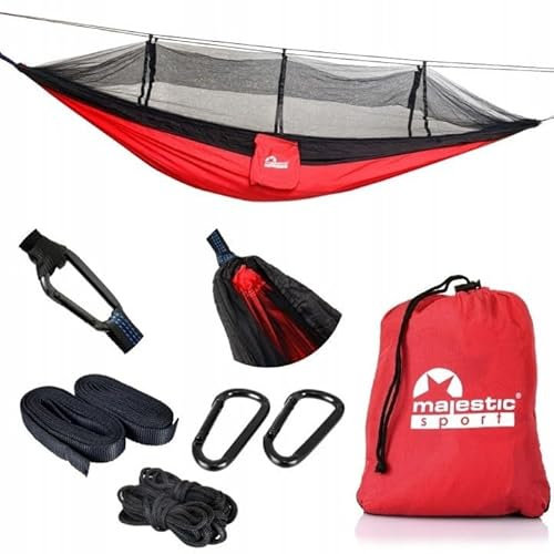 MAJESTIC SPORT Camping Hängematte Outdoor mit Moskitonetz, Leichte Nylon 210T Camping Reisehängematte 250 kg260x140 cm, tragbar für Ausflüge in die Berge in den Wald, Schwarz-Rot