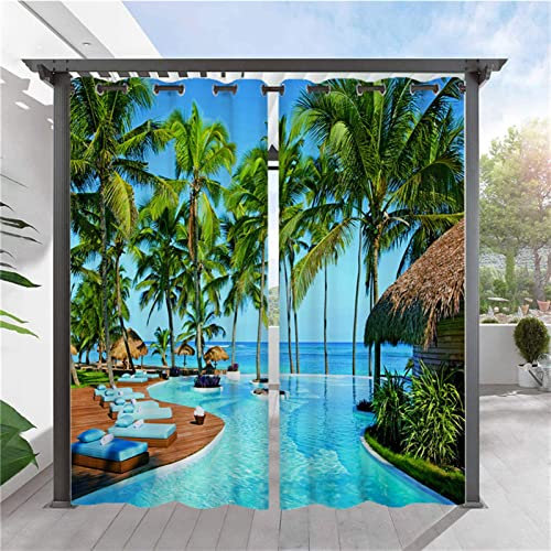 SK Studio 2 Stück Outdoor Vorhang Wetterfest Wasserdicht Sichtschutz Sonnenschutz Vorhang mit Strand-Ozean-Druckmuster für Balkon Terrasse Veranda Pergola Gartenlaube Stil 15, 253x241cm