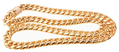 KnBoB Goldene Kette 90 cm, Panzerkette 10MM Hip Hop Edelstahl Herren Kette Halskette mit Weiß Zirkonia