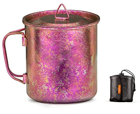 TiTo Titanium Tasse de camping, thé, café - Ultra légère et portable - 450 ml - Poignée pliable en titane - Avec couvercle - Pour l'extérieur, la randonnée, le pique-nique, le feu ouvert (rose rouge)