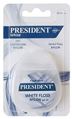 President FILO INTERDENTALE WHITE in Nylon, con Citrato di Sodio e Lichene Islandico. Azione Antitartaro Sbiancante. indicato durante i trattamenti contro le discromie dello smalto, 25 m