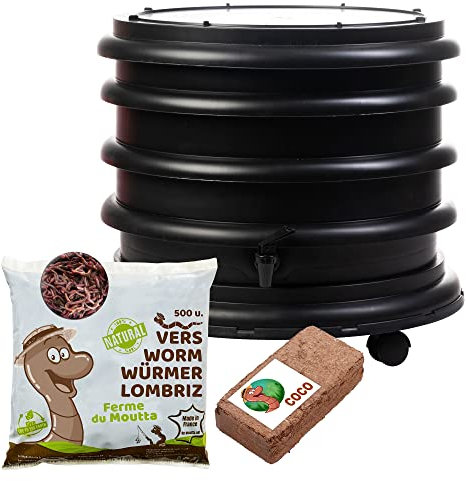 WORMbox | Lombricomposteur 2 Plateaux Noir + 250gr de vers de Compost + 1 Bloc Coco | 32 litres | Compostez Vos déchets organiques, Les vers de Terre/lombrics produisent du lombricompost