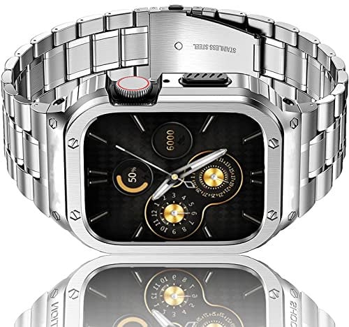 HASLFM Stainless Steel Straps with Case Compatible with Apple Watch 44mm(Series 6/5/4/SE), 42mm(Series 3/2/1) Rugged Metal iWatch Bands and Protective Bumper Cover for Men, Silver