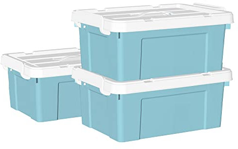 Cetomo 20L*3 Storage Boxes, Carry Plastic Storage Box with Lids, Organizing Container with Handle and Secure Latching Buckles, Stackable, Nestable, Tote Bin for Home Office Clothes, 20L-3Pack, Blue
