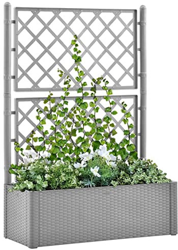 Festnight Pflanzkübel mit Spalier und Selbstbewässerungssystem Garten-Hochbeet Blumenkasten Balkongeländer Blumenkasten Mit Rankgitter Rankgitter Mit Pflanzkasten Grau