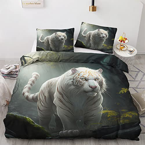 GEDAEUBA Sommer Bettwäsche 155x220 Weißer Tiger - Wilde Tiere Bettbezug 155x220 3 teilig, Wendebettwäsche und Kissenbezug 80x80, Weiche & Atmungsaktive Mikrofaser Bettwäsche-Sets mit Reißverschluss