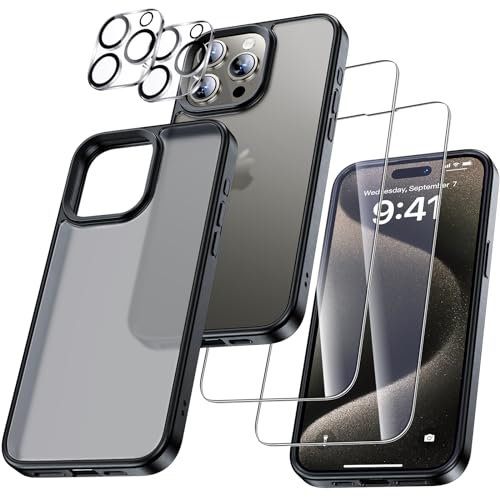 UniqueMe für iPhone 15 Pro Hülle, 5-in-1-Set Handyhülle für iPhone 15 Pro Case Rundumschutz Schutzhülle Cover, 1 Handyhülle & 2 Schutzfolie & 2 Kameraschutz - Schwarz
