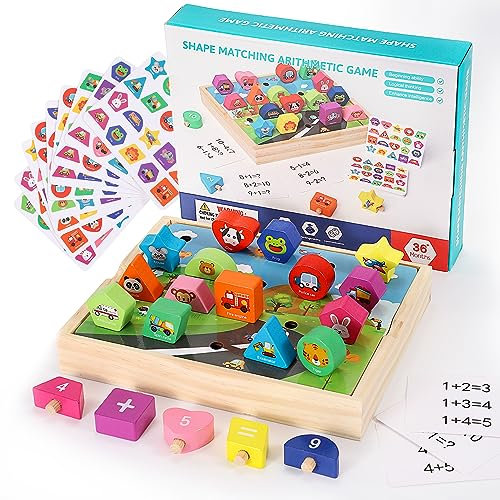 Wisplye Steckspiel Farbkringel, Buntes Sortier Motorikspielzeug aus Holz, Montessori Motorikbrett Farben- und Formensortierer Lernspielzeug Sortierspiel mit 24 Motivkarten und 20 Geometrischen Blöcke