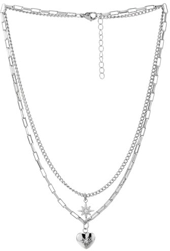 Stratificato Collana, Unico Due Filo Ciondolo Collana con Cuore e Stella Charms, Donna, 48CM Catena