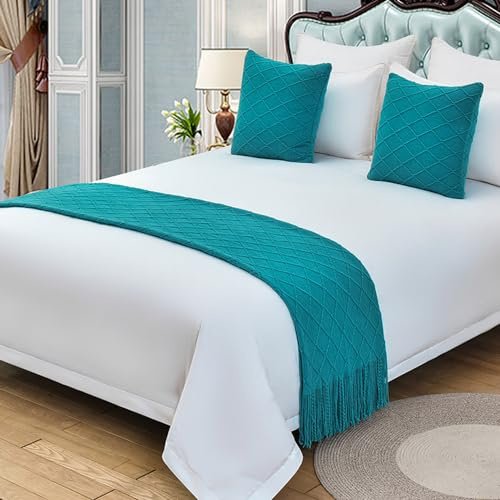 QRGMKL Einfarbig gestrickter Bettläufer Tagesdecke Diamantmuster Bettschal Luxus Decke Bettwäsche Dekor Premium Sofa Handtücher für Schlafzimmer und Hotel-Lake Blue||260X60cm for 2m Bed