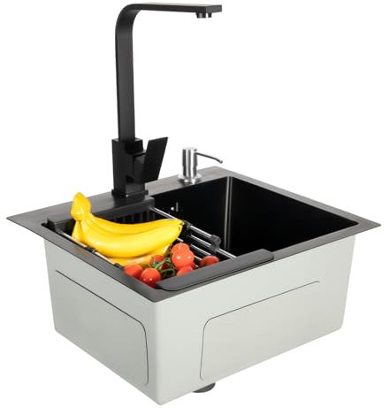 Lavello da incasso in acciaio inox, 45x40cm Lavello Cucina 1 Vasca lavello nero lavandino della cucina con Cestello di scarico