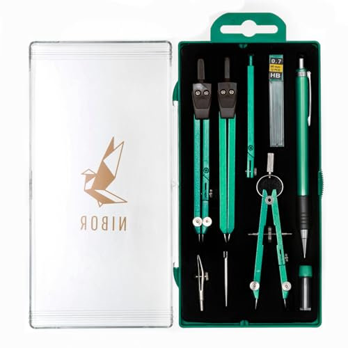 Premium Zirkelset von NIBOR in schönen Farben | Langlebiges, 9-teiliges Geometrieset | Geeignet um Präzision zu erschaffen | Grün