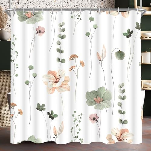 Lerores Duschvorhang 180x160 cm Salbei Grün Blume,Beschwerter Saum Antischimmel,Wasserabweisend, Waschbar Polyester Badevorhänge mit 12 Ösen und Duschvorhangringe für Badezimmer,Badewanne