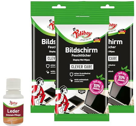 POLIBOY Bildschirm Feuchttücher - Displayreiniger Putztücher mit Antistatikeffekt - 3x 15 Tücher - Mit Produktprobe - Made in Germany