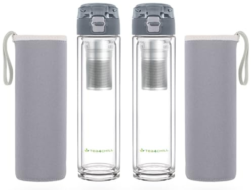 tea4chill 2 Stück Teeflaschen mit Sieb to go, Trinkflasche 400ml aus Glas, doppelwandig, Neopren-Hülle, anthrazit