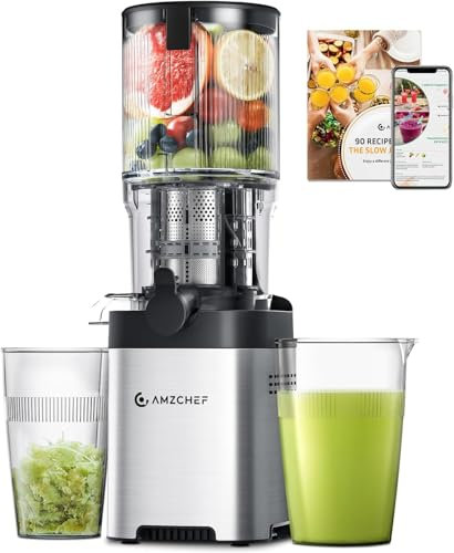 AMZCHEF Extractor de zumos y verduras - Licuadora prensado en frio con conducto de 79mm para frutas y verduras enteras - Juicer de acero inoxidable duradero con diseño antigoteo - Rojo
