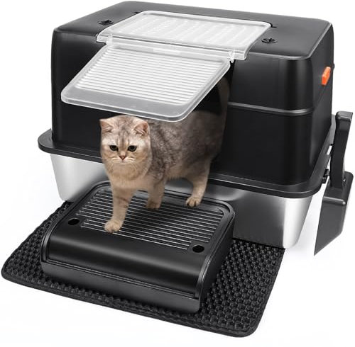 Vivifying Stainless Steel Cat Litter Tray, High-Sided, Removable and Metal Leak-Proof Enclosed Stainless Steel Cat Litter Box with Lid with Scoop, Steps and Mat (Black)