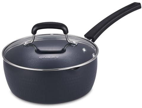 ONGIFT 1.8QT Nonstick Sauce Pan with Lid, Yukihira Sauce Pot with Pour Spouts, Multipurpose Handy Little Saucepan with Stay Cool Handle, Small Pots for Cooking, Soups, Noodles, Hot Milk, Black Pot