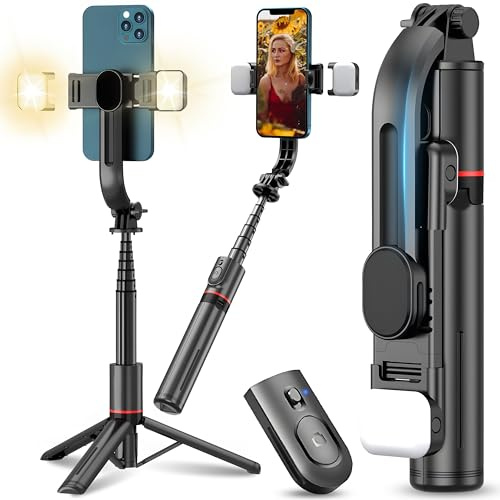Retoo Selfie Stick mit 2 Fülllicht, 110,5 cm Handy Stativ 3 in 1, Bluetooth, Telefonstativ Teleskopstange Handyhalter Kabelloser Fernbedienung für Smartphones Einstellbarer Neigungswinkel Schwarz