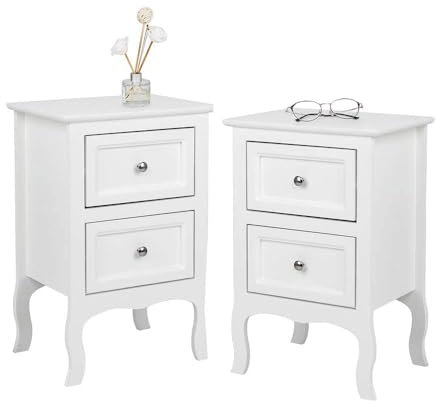 Bonnlo Nachttisch 2er Set, Beistelltisch Weiss, Nachtschrank mit 2 Schubladen, Nachtkommode Boxspringbetten, Kommode Schlafzimmer, 40 x 30 x 60 cm