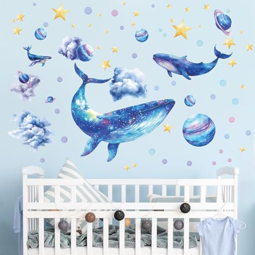 SHUCHING Wandtattoo Große Blauwale, Wandaufkleber Märchenplanet, Selbstklebend Wandsticker für Spielzimmer Kinderzimmer Babyzimmer Badezimmer