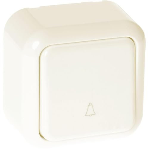 Pulsador de timbre en color beige, dimensiones 6x6x3 cm, ideal para instalaciones eléctricas y comunicación en hogares.