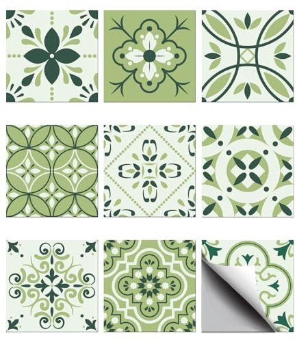 CHGCRAFT 36 pcs 9 Styles Motif Arabe Blanc Vert Carreaux Autocollants Carreaux Imperméables Autocollants Carrés avec Motif de Fleurs pour Cuisine Salle de Bain Chambre Mur Décoration de Sol Vert