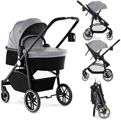 DREAMADE Kinderwagen klappbar, 3 in 1 Buggy mit umkehrbarem Sitz, Verdeck, Aufbewahrungskorb, Becherhalter & 5-Punkt-Sicherheitsgurt, Reisebuggy für Baby 0-6 Monate (Grau)