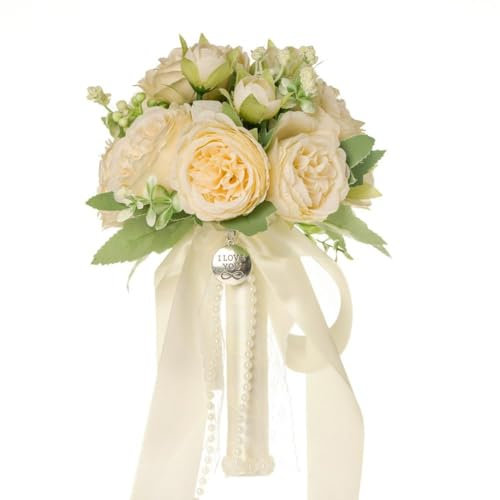 Wisafory Brautstrauß Hochzeitsstrauß Hochzeit Brautstrauss mit Perlen Vintage Brautschmuck Seidenblumen Künstliche Rosenstrauß Bouquet Brautjungfer Schöner Künstlich Blume für Hochzeit Champagner