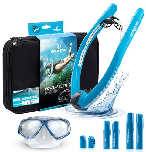 AMEO POWERBREATHER Super Beach - FRISCH-Luft Schnorchel - Trainingsgerät für Becken und Freiwasser für Erwachsene und Kinder - Schnorchelset mit intelligentem Ventilsystem und 100% trockener Atemluft