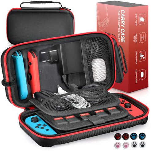 Euqvunn Tasche Kompatibel mit Nintendo Switch/OLED, Harte Tragetasche Hülle Case für Nintendo Switch-Konsolen und -Zubehör, Passend für Joy-Con & AC-Adapter, mit 8 Stück Joystick Kappen(schwarz)
