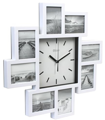 Miraval Design Funk-Bilderrahmenuhr Wanduhr mit 8 Bilderrahmen zum Individualisieren 350 mm lautlos kein Ticken Japanisches Quarzuhrwerk (Weiß)