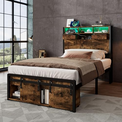 BTM Metal Bed, 3FT-90x190cm Single Bed with Storage Headboard, LED Light Strip and 3 Charge Ports: 2 A-type and 1 C-type, Black+Wood Color Single Bed with Storage, No Mattress