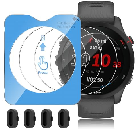Haofun 3 Piezas Protector Pantalla para Garmin Forerunner 255/255 Music Cristal Templado + 4 Piezas Tapones Antipolvo, 9H HD Protector Reloj con localizador Preciso