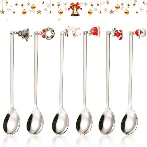 6PCS Weihnachtslöffel Set aus Edelstahl,Festliche Kaffeelöffel mit Weihnachtsanhänger im Eleganten Design,Edle Dessertlöffel & Rührlöffel für Weihnachten und Winterliche Tischdekoration