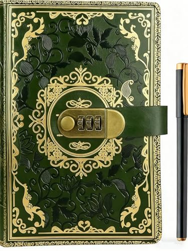 A5 Journal With Lock, Vintage Leather Diary With Lock, 200 Pages Lined Paper Notebook With Pen, Secret Diary With Combination Password, Locked Journal for Women, Girls, Travel Writing (Green)