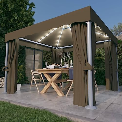 HETFTJN Gartenpavillon 3x3 m Taupe aus Aluminiumgestell mit Moskitonetz Vorhängen und 43 LEDs Solar Lichterkette als Grillpavillon Stabil für Terrasse Balkon Garten