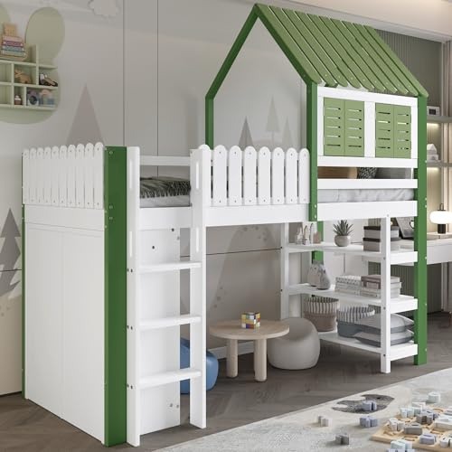 ZIDEY Kinderbett Hochbett 90x200 mit Lagerregal und Kleiderschrank, Einzelbett mit Dach und Fenster, Hausbett mit Lattenrost, Jugendbett, Stockbett für Kinder, ohne Matratze, Weiß+Grün