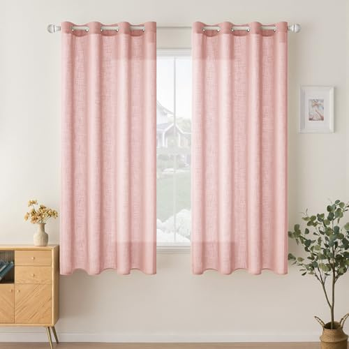 Woaboy Leinen Kruz Gardinen Vorhänge Halbtransparente Ösen 140x145cm Rosa | 2er Set Leinenoptik und halbtransparentes Gewebe für Wohnzimmer und Schlafzimmer, moderne Stores mit weichem Licht.