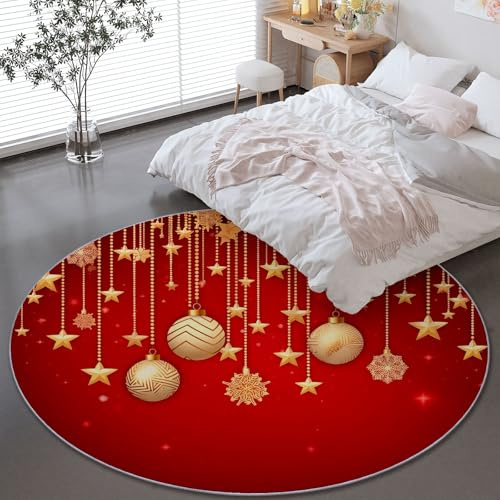 Generisch Weihnachten Stern Runder Teppich 100 cm, Rot Anti Rutsch Wohnzimmerteppich, Waschbarer Kurzflor Runder Teppiche Flauschig Weich, für Schlafzimmer Kinderzimmer