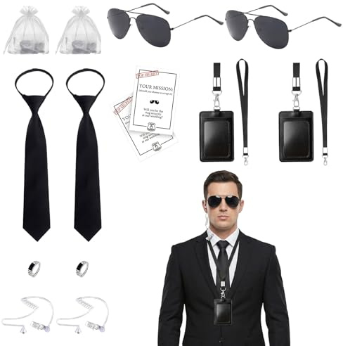 Atomvia 14 Pcs Men In Black Costume Accessories Set, Secret Agent Kit With Sunglasses, Ring，Tie, Id Card Holder, Fake Earpiece,For Adults, Women, Men - Halloween, Cosplay, Spy Theme Party