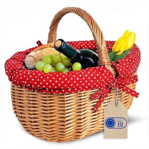 Creative Home Großer Picknickkorb Stoffeinlage Rot 43 x 32 x 37 cm | mit Pünktchen | Weidenkorb mit Henkel | Einkaufskorb Autokorb (+/- 2 cm) | Groß Leicht | Naturbraun Handgeflochten Universell