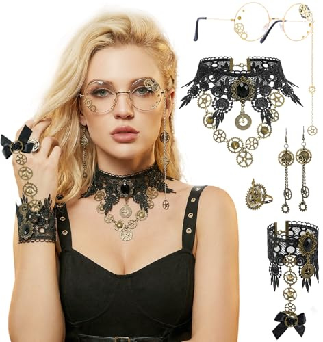 HarnyLoom Steampunk Accessoires Steampunk Kostüm Damen, Zahnräder Halskette Spitze Armbänder Ring Ohrringe Brille, Gothic Schmuck Frauen für Fasching Karneval Halloween