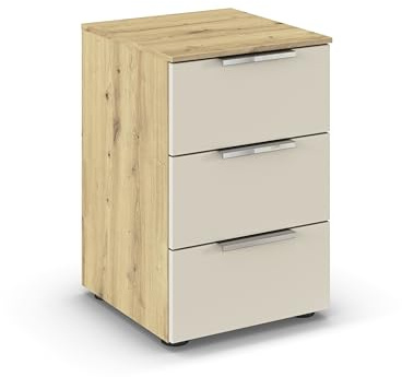 Rauch Möbel Flipp, Nachttisch, Farbe Beige/Eiche Artisan, Maße 40x61x42 cm | Nachtkommode, 3 Schubladen, Soft-Close-Funktion, für Schlafzimmer, Kinderzimmer, Jugendzimmer, Gästezimmer