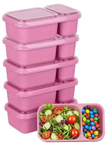 MEEYUU 6 Pack 2-Compartment Reusable Snack Containers with Lids, Reusable Snack Packs for Meal Prep Food Storage On-the-Go Snacking (6 Pack Pink)