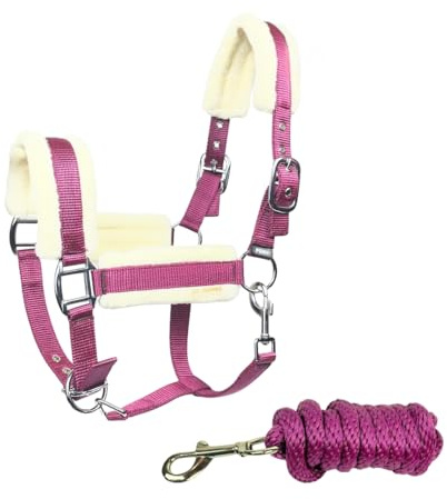 JA Horse JA4006 Premium verstellbar Halfter Set Karabinerhaken, Pink, Full | 3-Fach Verstellung inkl. Führstrick, Weich gepolstertes Stallhalfter, Verstellbarer Kinnriemen und Karabinerhaken