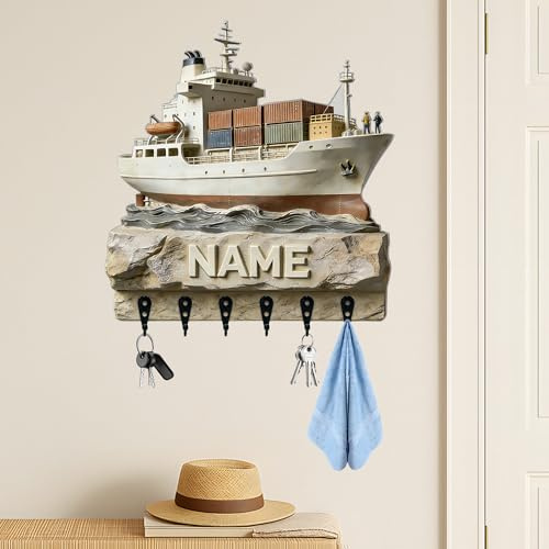 HCLRIU Porte-clés Mural Personnalisé avec Nom, Porte-clés Mural Thème Cargo Personnalisé, Imprimé 2D en Acrylique, Cadeau Déco pour Marin, Amateur de Nautisme, Travailleur du Transport Maritime