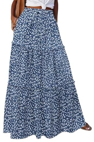 Falafoty Maxi Skirts for Women Elegant Floral Print Long Skirt, High Waist Flowy Maxi Summer Tiered Skirt, Casual A Line Skirt Boho Holiday Beach Skirt, Essential Fashion Half Dress (M, Blue)