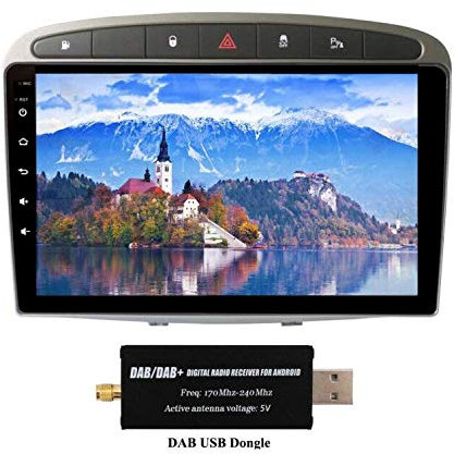 XISEDO Android 9.0 Autoradio 9 Pouces Écran Tactile in-Dash Voiture Radio 8-Core RAM 4G ROM 64G Gris Autoradio pour Peugeot 308 (2008-2010)(avec Dongle Dab)