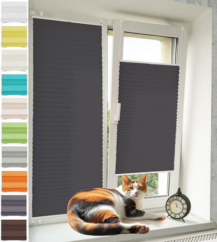 Vkele Plissee ohne Bohren Klemmfix – Faltrollo Jalousie Anthrazit 45x200cm(BxH), Lichtdurchlässig & Blickdicht, Sonnenschutz & Sichtschutz, Easyfix Rollo für Fenster & Tür